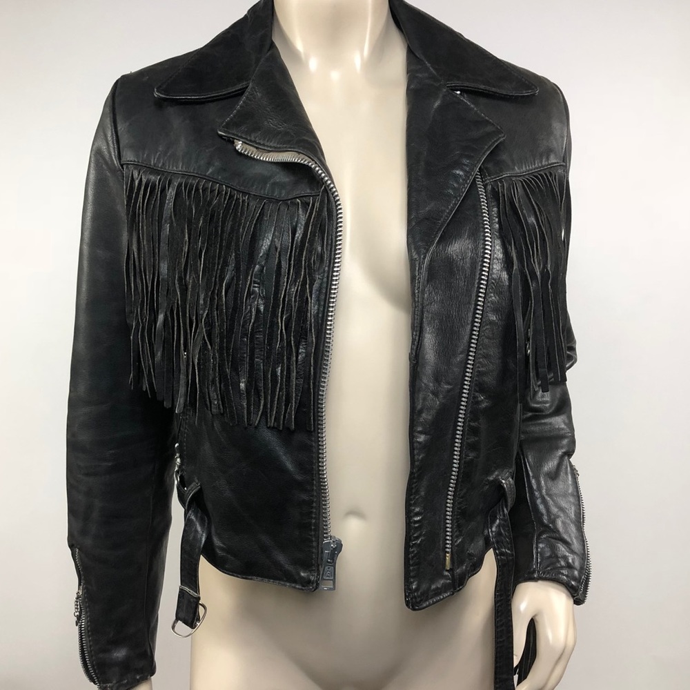 Vintage Black Leather Fringe Biker Jacket Size M